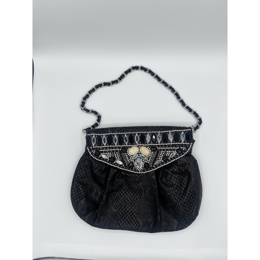 Chico's Black Leather Shoulder Bag Chain Strap Gem Embellished Reptile Embossed